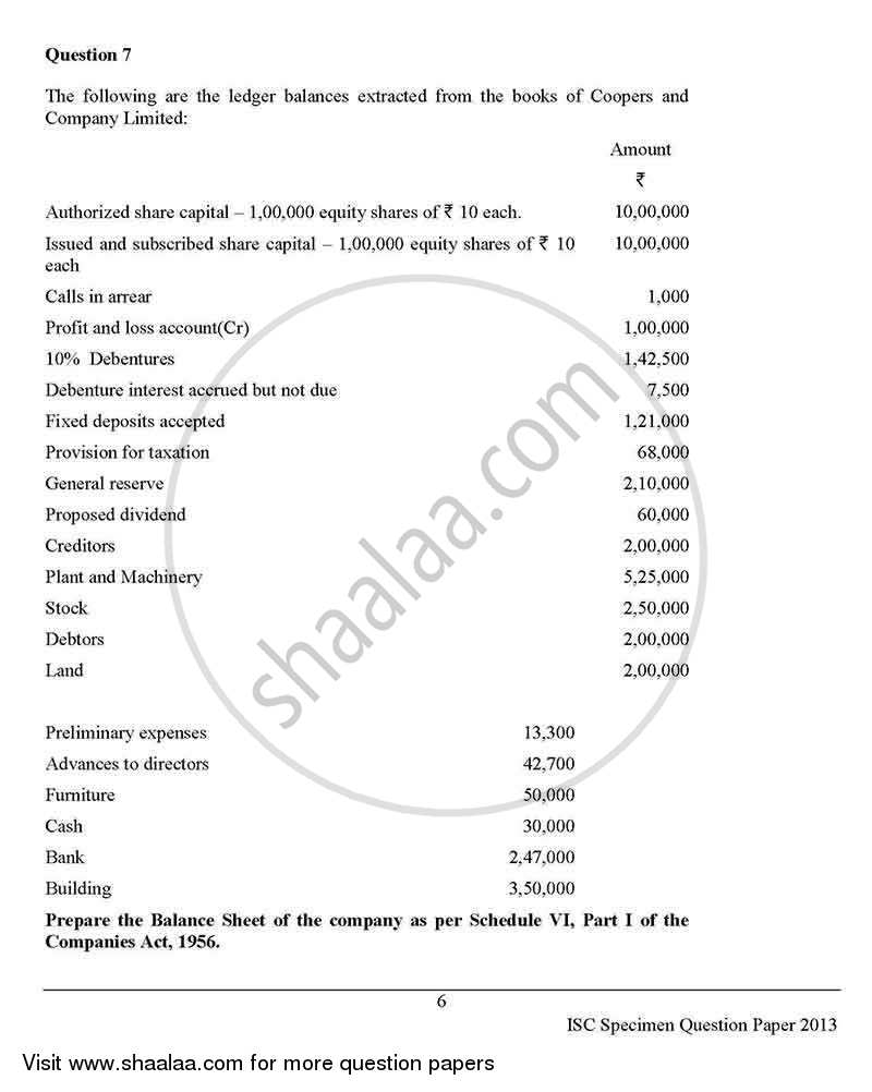 Accounts 2012-2013 - I.S.C. - Class 12 - CISCE (Council for the Indian School Certificate Examinations) question paper with PDF download