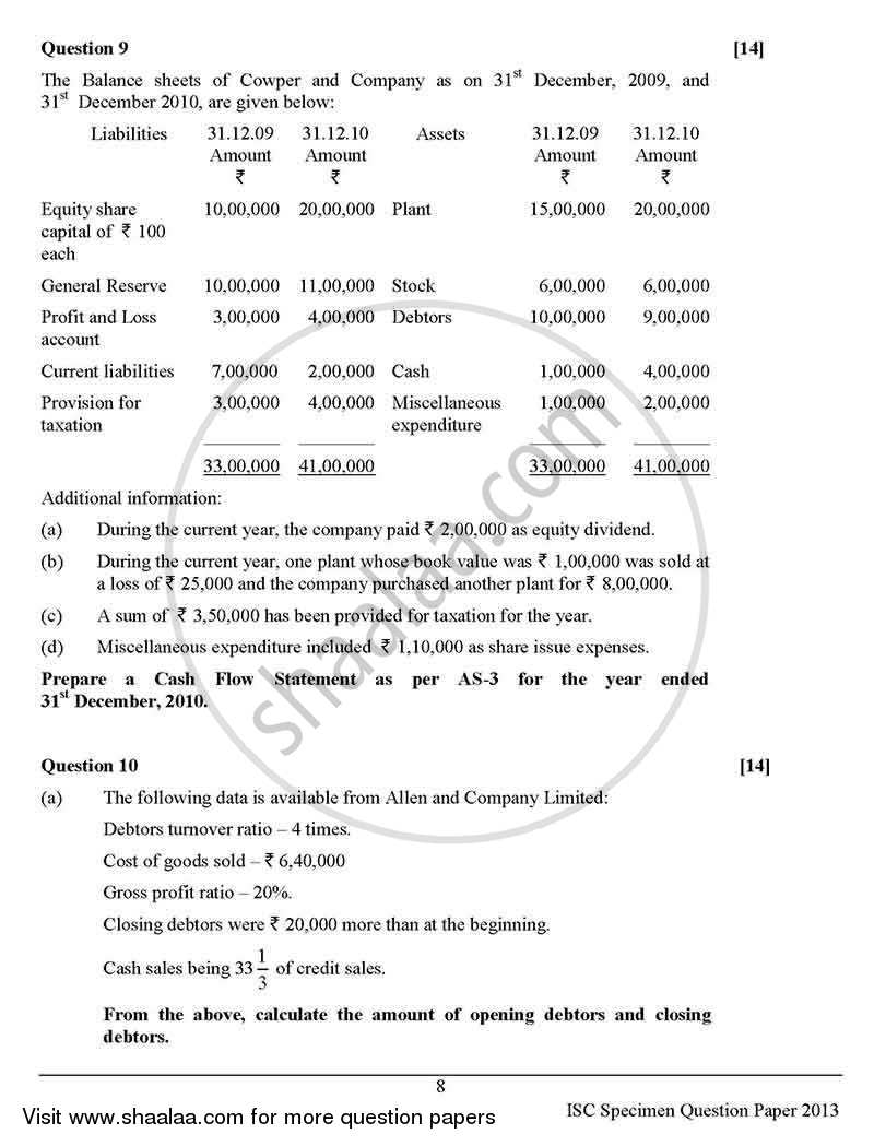 Accounts 2012-2013 - I.S.C. - Class 12 - CISCE (Council for the Indian School Certificate Examinations) question paper with PDF download