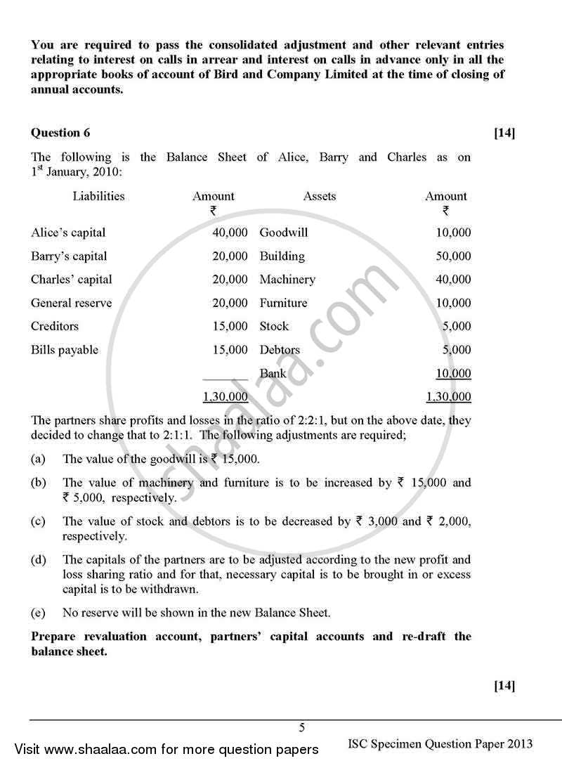 Accounts 2012-2013 - I.S.C. - Class 12 - CISCE (Council for the Indian School Certificate Examinations) question paper with PDF download