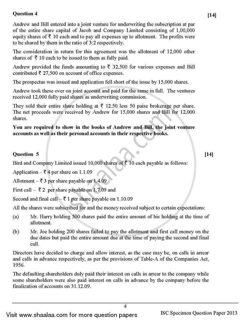 Accounts 2012-2013 - I.S.C. - Class 12 - CISCE (Council for the Indian School Certificate Examinations) question paper with PDF download