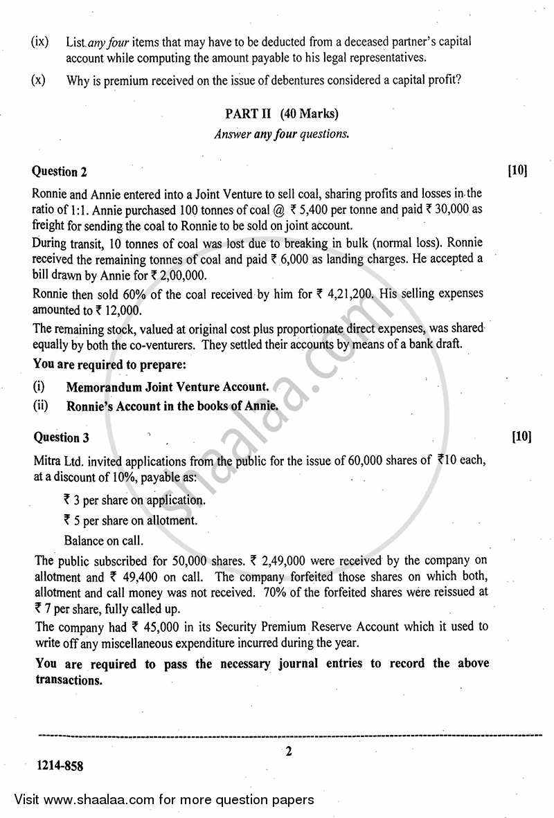 Accounts 2013-2014 - I.S.C. - Class 12 - CISCE (Council for the Indian School Certificate Examinations) question paper with PDF download