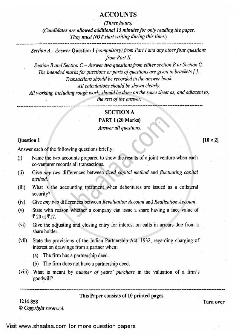 Accounts 2013-2014 - I.S.C. - Class 12 - CISCE (Council for the Indian School Certificate Examinations) question paper with PDF download