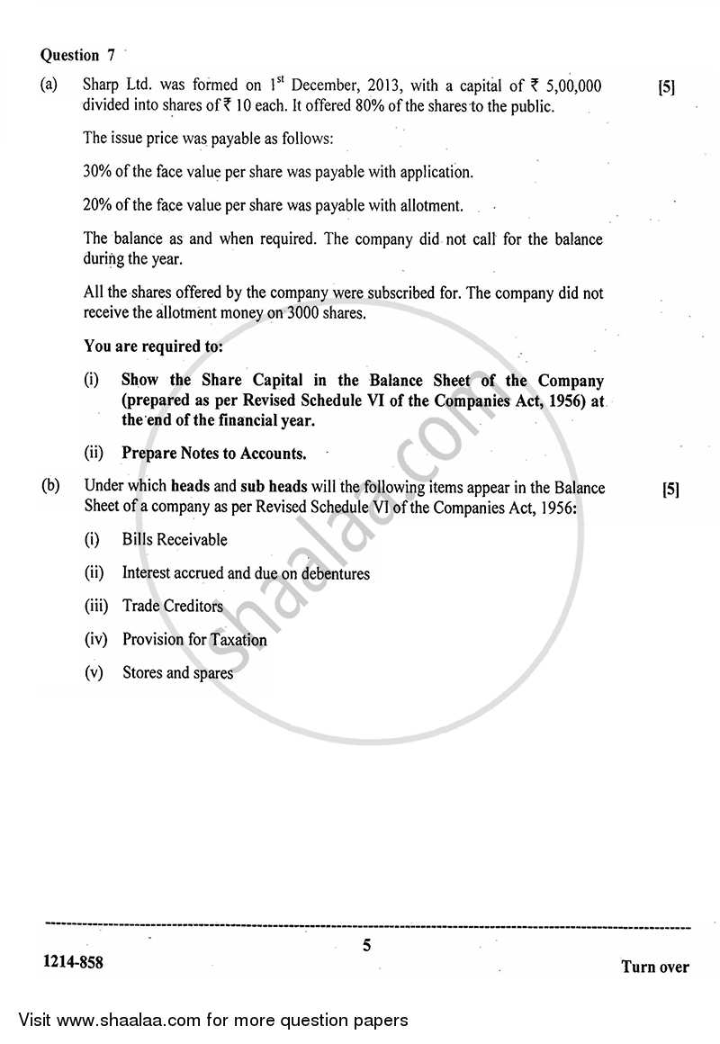 Accounts 2013-2014 - I.S.C. - Class 12 - CISCE (Council for the Indian School Certificate Examinations) question paper with PDF download
