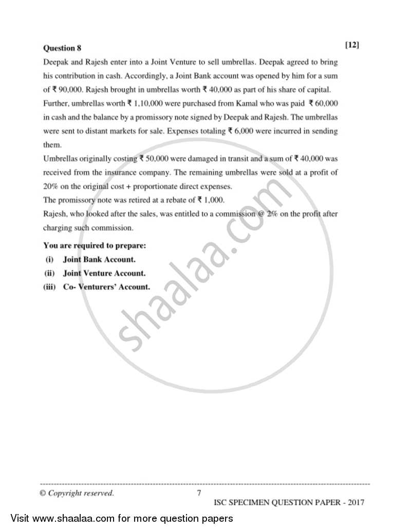 Accounts 2016-2017 - I.S.C. - Class 12 - CISCE (Council for the Indian School Certificate Examinations) question paper with PDF download