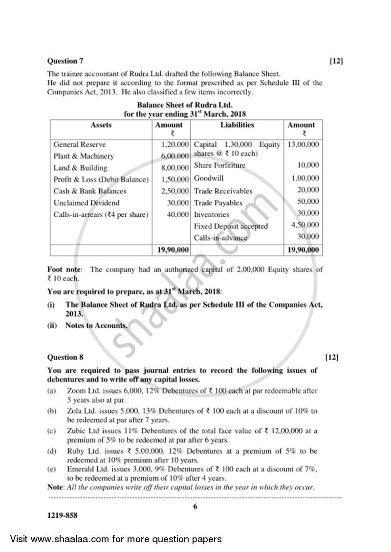 Accounts 2018-2019 - I.S.C. - Class 12 - CISCE (Council for the Indian School Certificate Examinations) question paper with PDF download