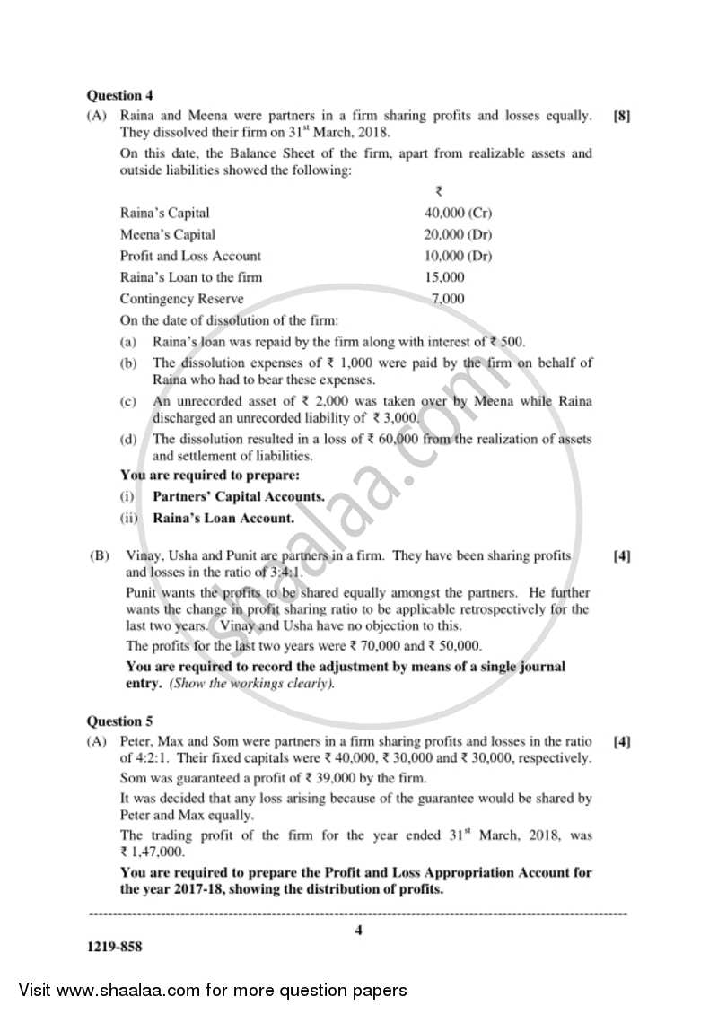 Accounts 2018-2019 - I.S.C. - Class 12 - CISCE (Council for the Indian School Certificate Examinations) question paper with PDF download