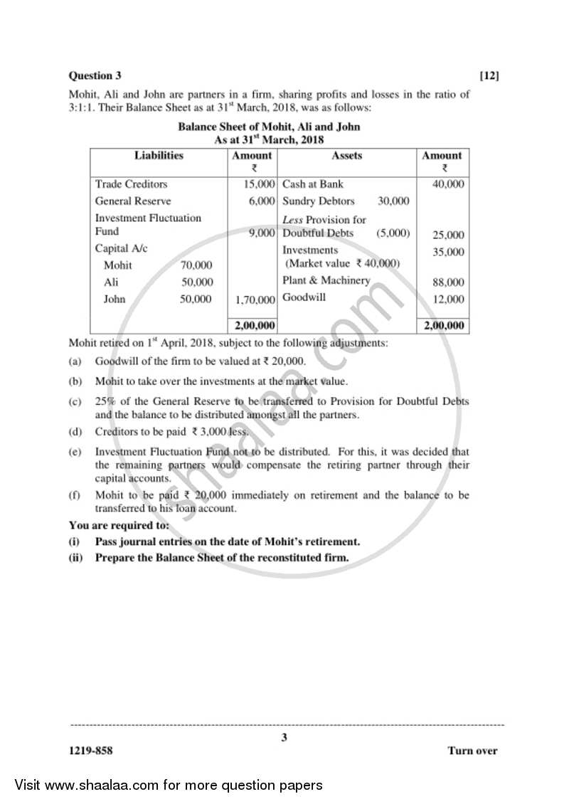 Accounts 2018-2019 - I.S.C. - Class 12 - CISCE (Council for the Indian School Certificate Examinations) question paper with PDF download