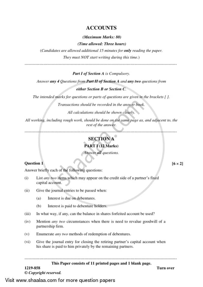 Accounts 2018-2019 - I.S.C. - Class 12 - CISCE (Council for the Indian School Certificate Examinations) question paper with PDF download