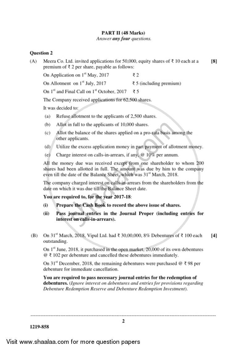 Accounts 2018-2019 - I.S.C. - Class 12 - CISCE (Council for the Indian School Certificate Examinations) question paper with PDF download