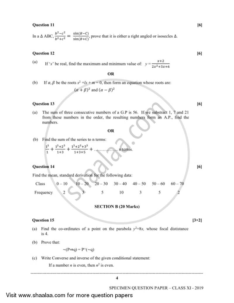 Applied Mathematics 2018-2019 - I.S.C. - Class 11 - CISCE (Council for the Indian School Certificate Examinations) question paper with PDF download