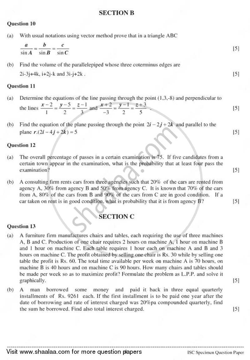 Applied Mathematics 2010-2011 - I.S.C. - Class 12 - CISCE (Council for the Indian School Certificate Examinations) question paper with PDF download