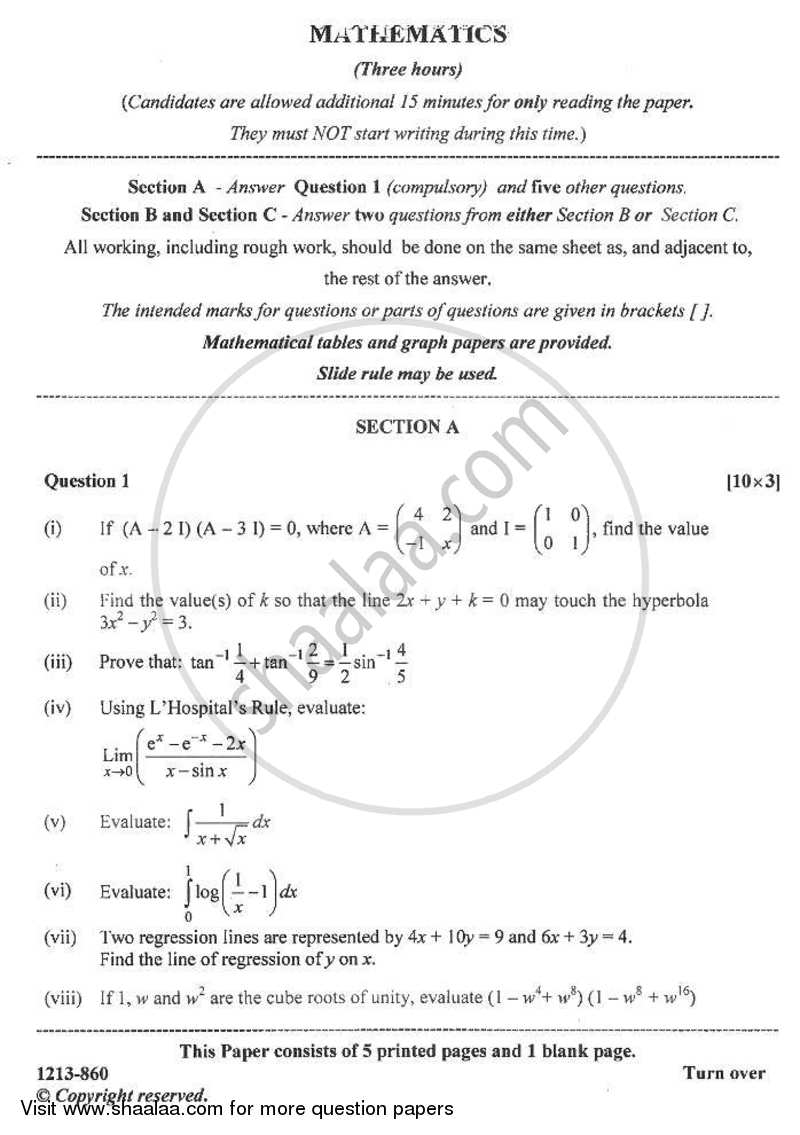 Applied Mathematics 2012-2013 - I.S.C. - Class 12 - CISCE (Council for the Indian School Certificate Examinations) question paper with PDF download