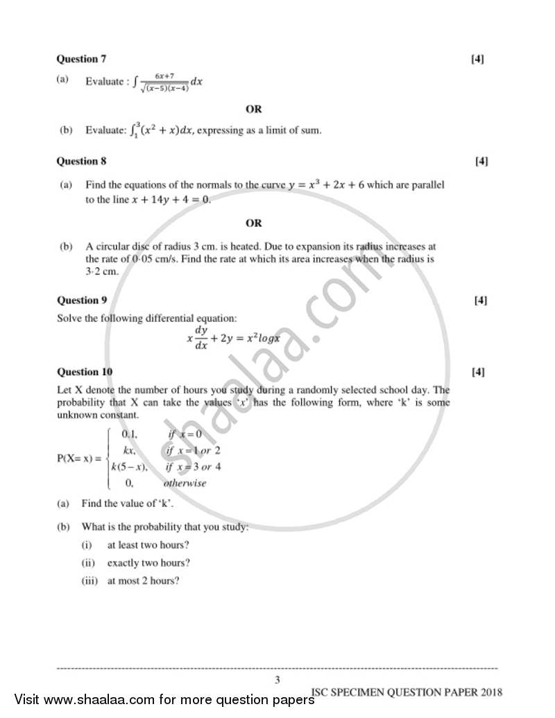 Applied Mathematics 2017-2018 - I.S.C. - Class 12 - CISCE (Council for the Indian School Certificate Examinations) question paper with PDF download