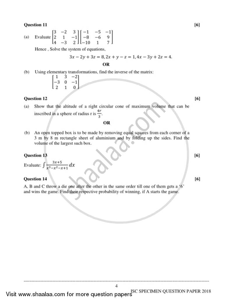 Applied Mathematics 2017-2018 - I.S.C. - Class 12 - CISCE (Council for the Indian School Certificate Examinations) question paper with PDF download