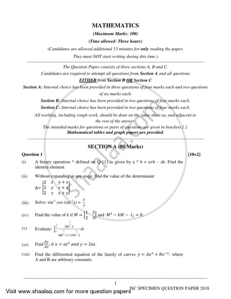 Applied Mathematics 2017-2018 - I.S.C. - Class 12 - CISCE (Council for the Indian School Certificate Examinations) question paper with PDF download