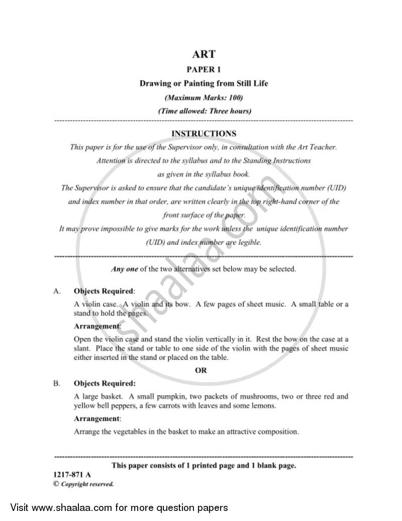 Art Paper 1 - Drawing Or Painting from Still Life 2016-2017 - I.S.C. - Class 12 - CISCE (Council for the Indian School Certificate Examinations) question paper with PDF download