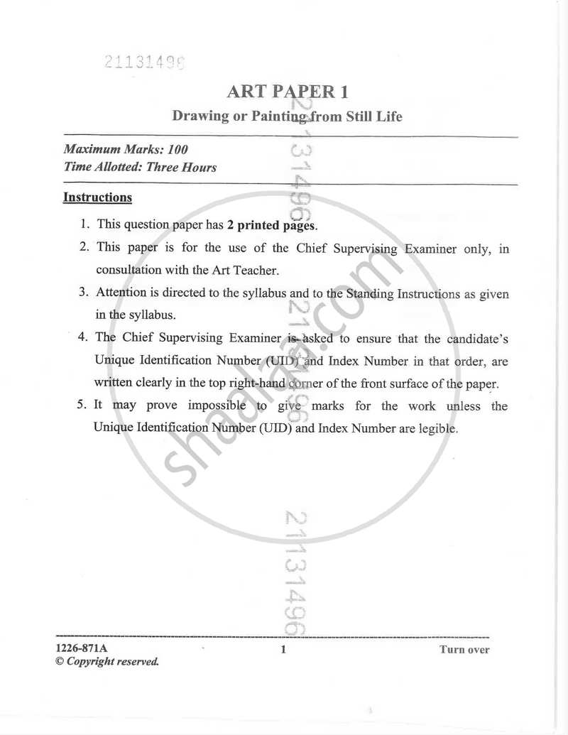 Art Paper 1 - Drawing Or Painting from Still Life 2025-2026 - I.S.C. - Class 12 - CISCE (Council for the Indian School Certificate Examinations) question paper with PDF download
