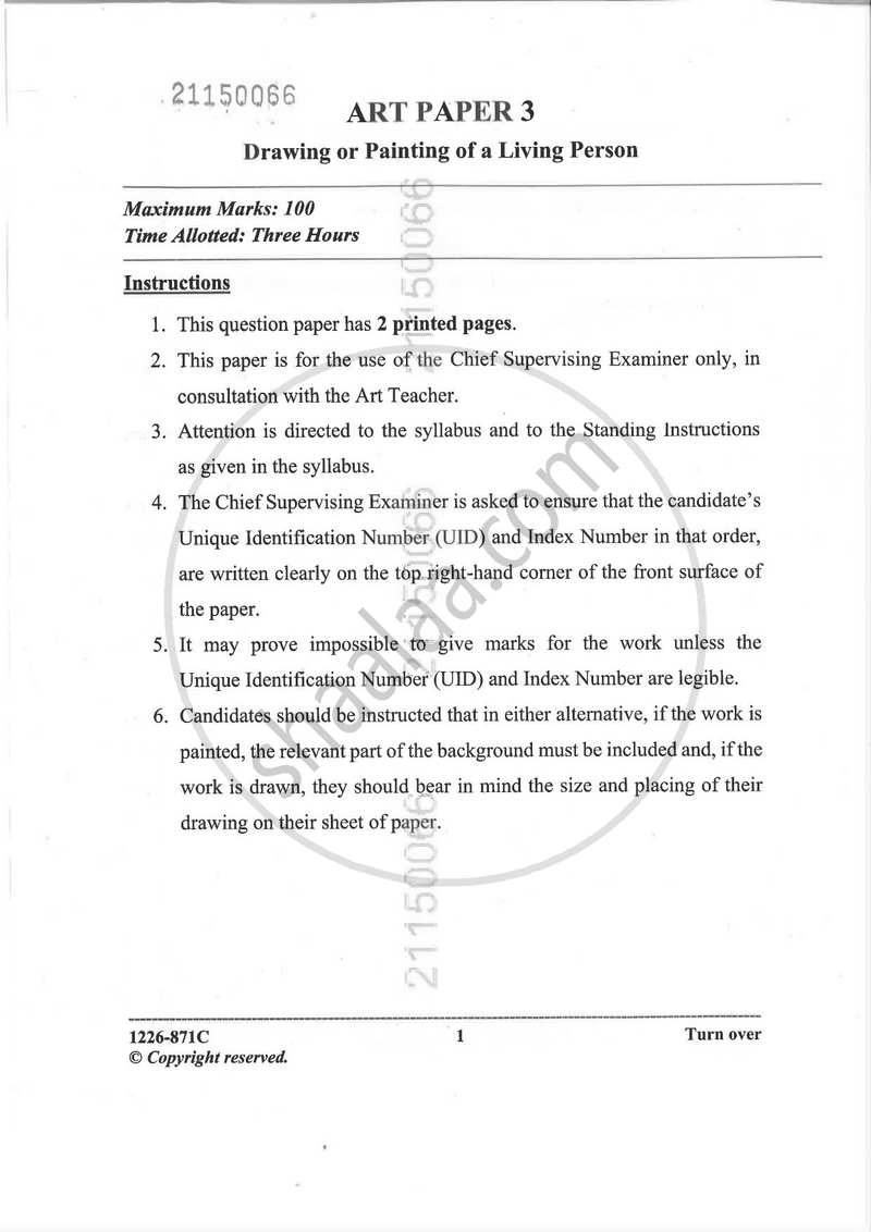 Art Paper 3 - Drawing Or Painting of a Living Person 2025-2026 - I.S.C. - Class 12 - CISCE (Council for the Indian School Certificate Examinations) question paper with PDF download