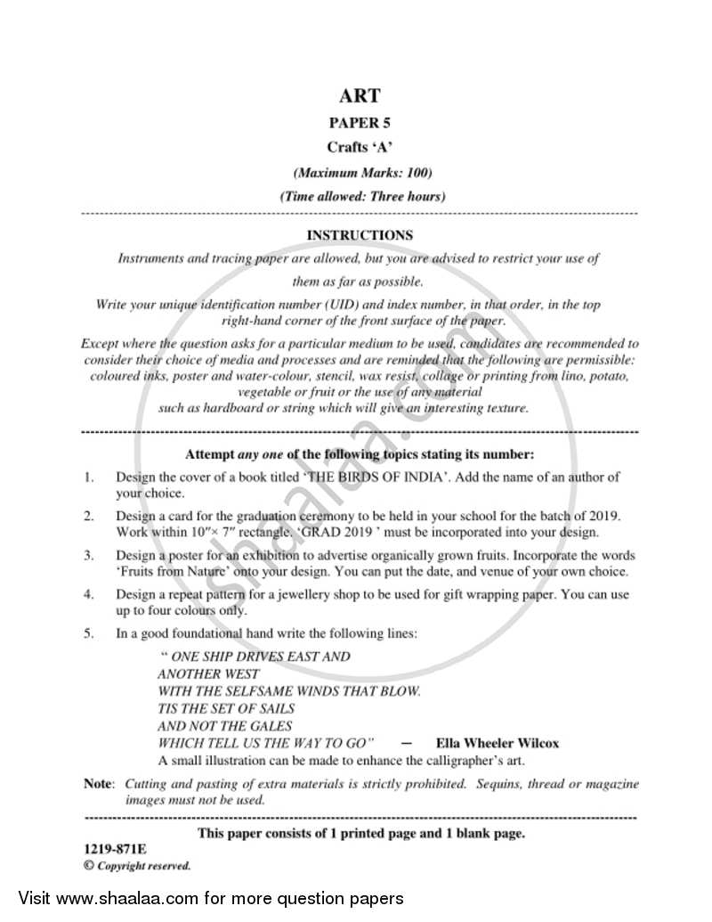 Art Paper 5 - Crafts ‘A’ 2018-2019 - I.S.C. - Class 12 - CISCE (Council for the Indian School Certificate Examinations) question paper with PDF download