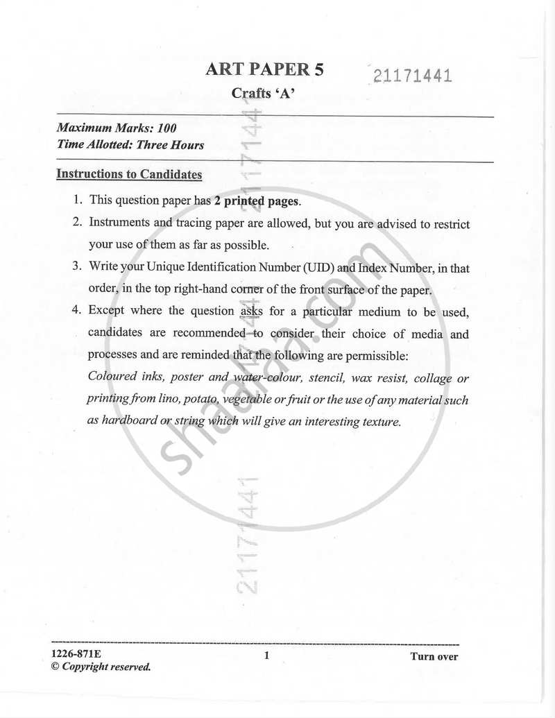Art Paper 5 - Crafts ‘A’ 2025-2026 - I.S.C. - Class 12 - CISCE (Council for the Indian School Certificate Examinations) question paper with PDF download