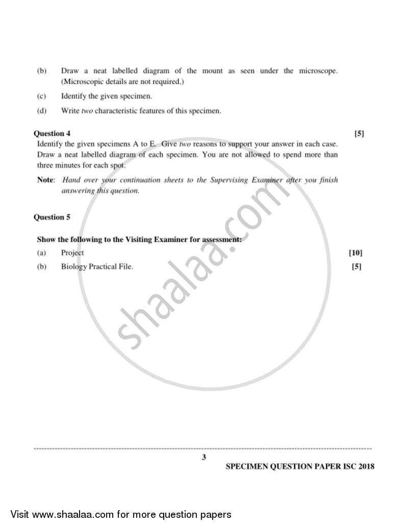 Biology (Practical) 2017-2018 - I.S.C. - Class 12 - CISCE (Council for the Indian School Certificate Examinations) question paper with PDF download
