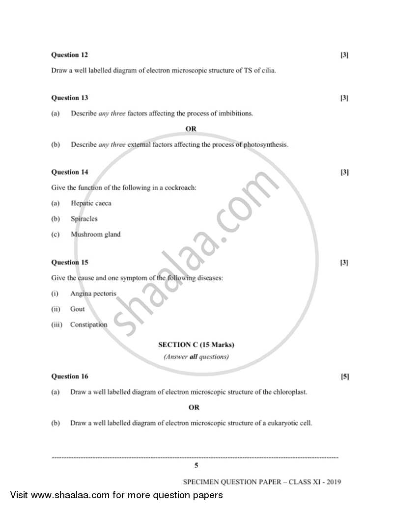 Biology (Theory) 2018-2019 - I.S.C. - Class 11 - CISCE (Council for the Indian School Certificate Examinations) question paper with PDF download