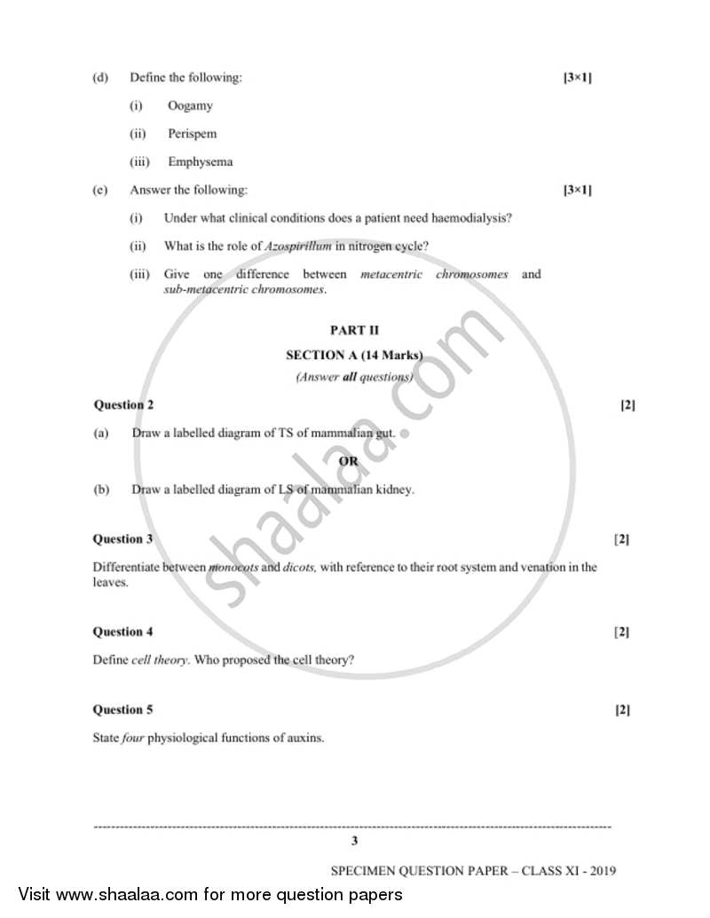 Biology (Theory) 2018-2019 - I.S.C. - Class 11 - CISCE (Council for the Indian School Certificate Examinations) question paper with PDF download