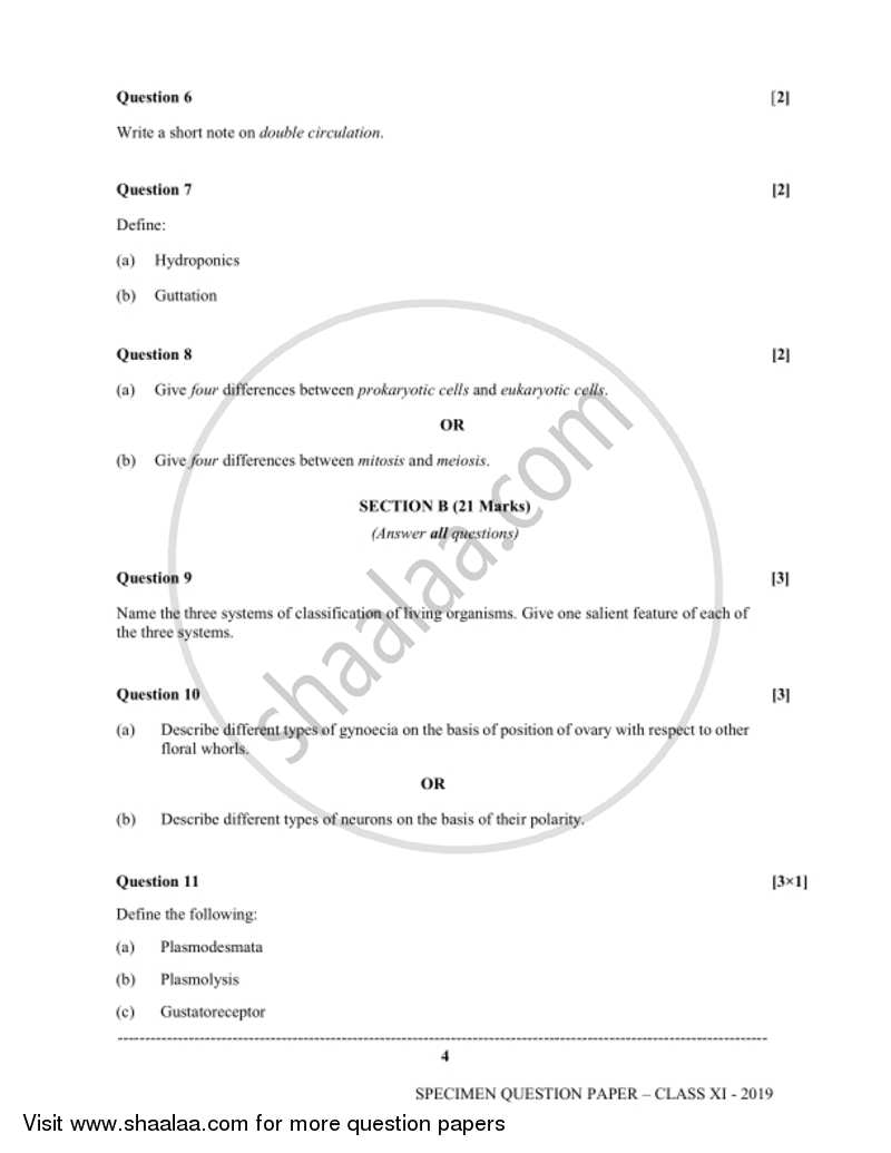 Biology (Theory) 2018-2019 - I.S.C. - Class 11 - CISCE (Council for the Indian School Certificate Examinations) question paper with PDF download
