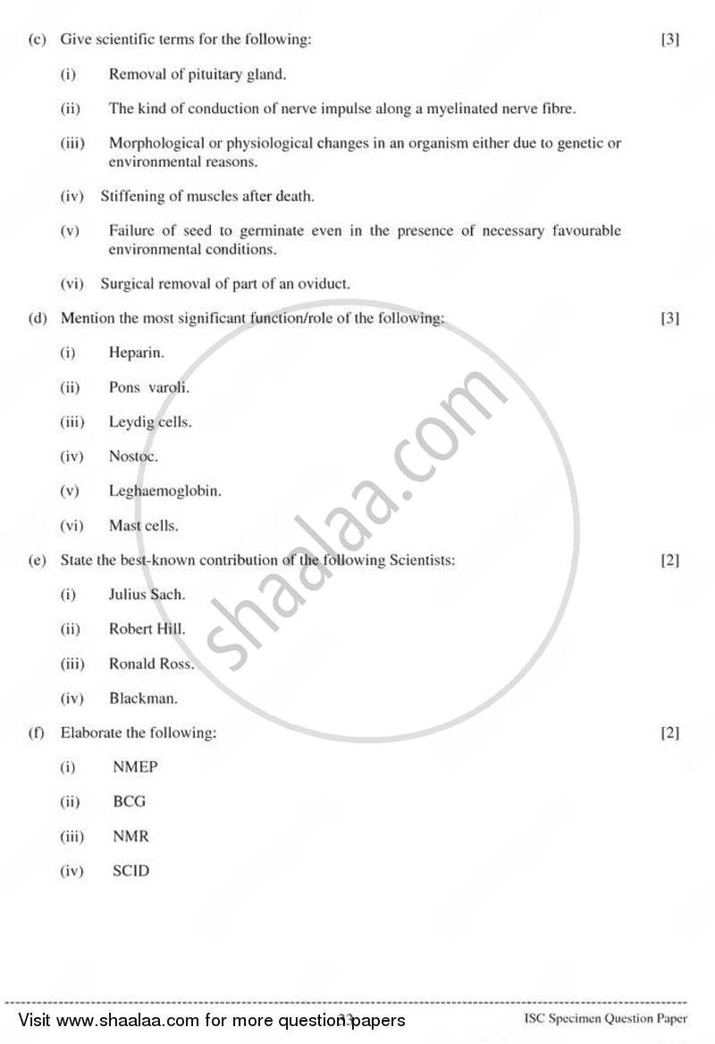 Biology (Theory) 2010-2011 - I.S.C. - Class 12 - CISCE (Council for the Indian School Certificate Examinations) question paper with PDF download