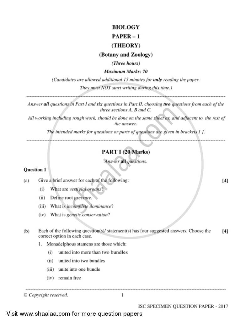 Biology (Theory) 2016-2017 - I.S.C. - Class 12 - CISCE (Council for the Indian School Certificate Examinations) question paper with PDF download