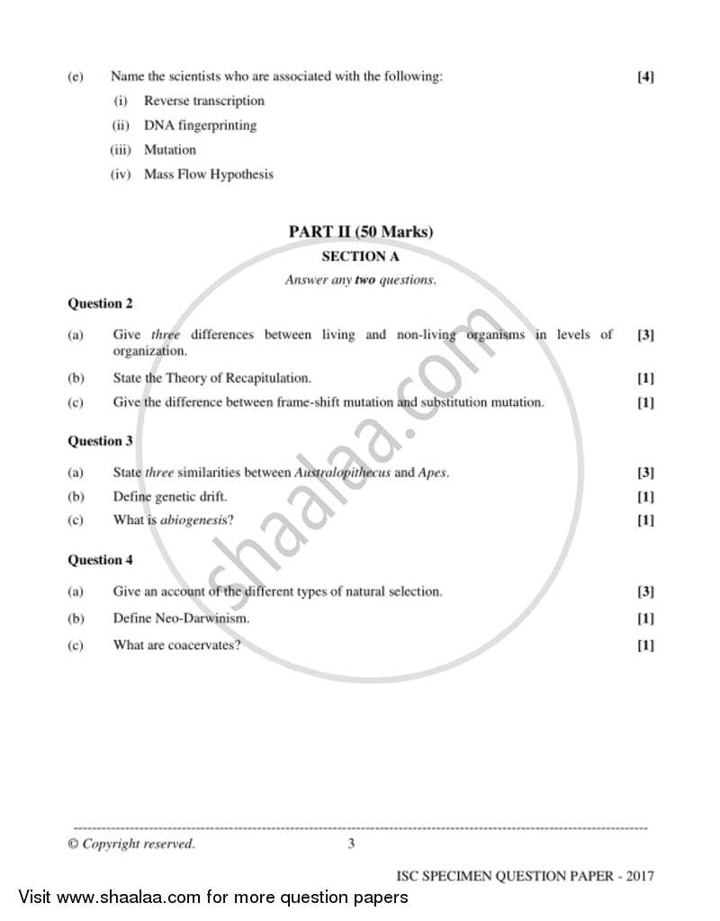 Biology (Theory) 2016-2017 - I.S.C. - Class 12 - CISCE (Council for the Indian School Certificate Examinations) question paper with PDF download