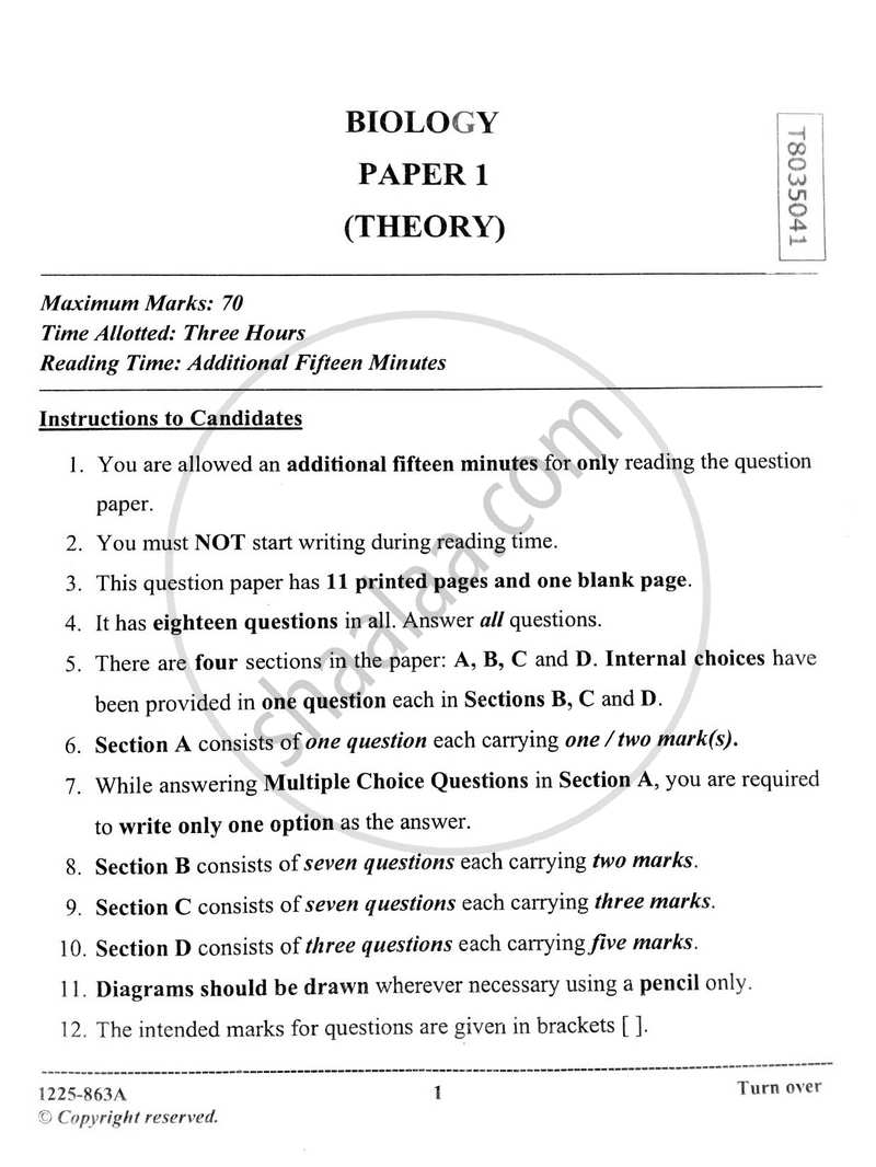 Biology (Theory) 2024-2025 - I.S.C. - ISC Class 12 - CISCE (Council for the Indian School Certificate Examinations) question paper with PDF download