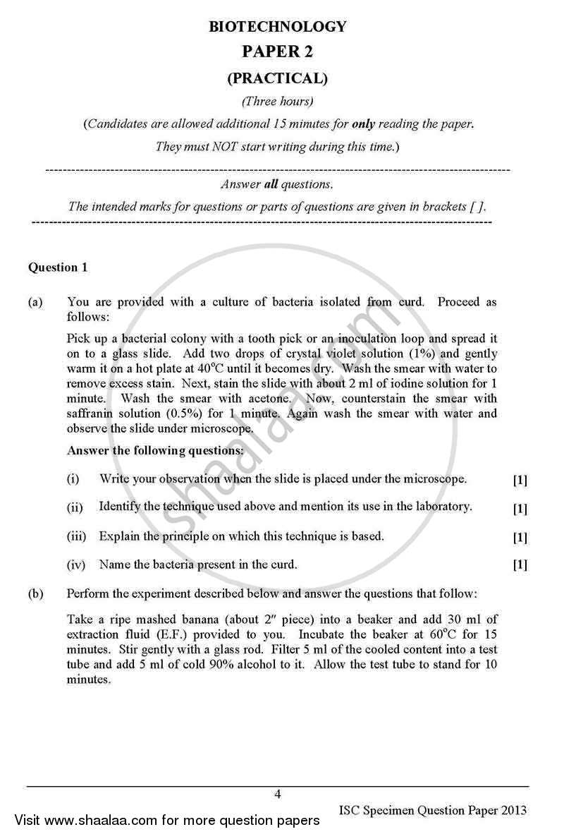 Biotechnology (Practical) 2012-2013 - I.S.C. - Class 12 - CISCE (Council for the Indian School Certificate Examinations) question paper with PDF download