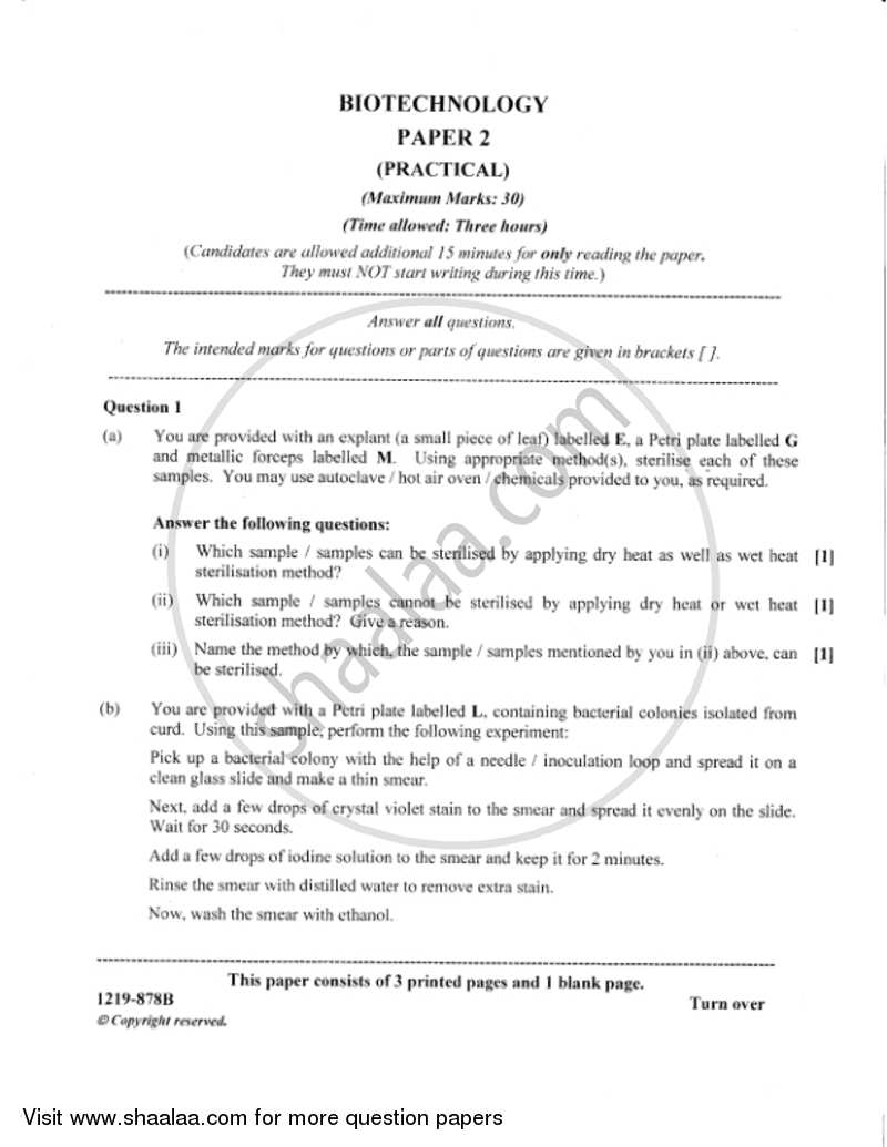 Biotechnology (Practical) 2018-2019 - I.S.C. - Class 12 - CISCE (Council for the Indian School Certificate Examinations) question paper with PDF download