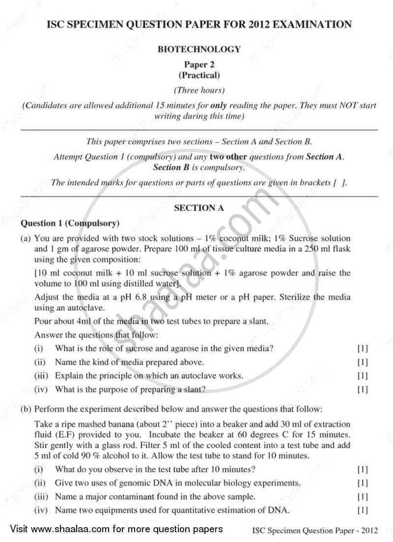 Biotechnology (Theory) 2011-2012 - I.S.C. - Class 12 - CISCE (Council for the Indian School Certificate Examinations) question paper with PDF download