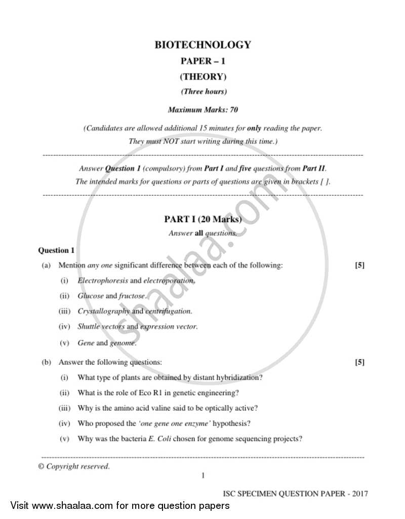 Biotechnology (Theory) 2016-2017 - I.S.C. - Class 12 - CISCE (Council for the Indian School Certificate Examinations) question paper with PDF download