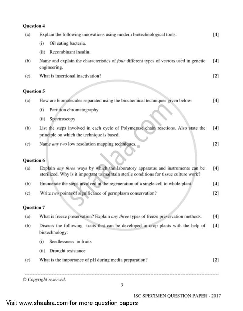 Biotechnology (Theory) 2016-2017 - I.S.C. - Class 12 - CISCE (Council for the Indian School Certificate Examinations) question paper with PDF download