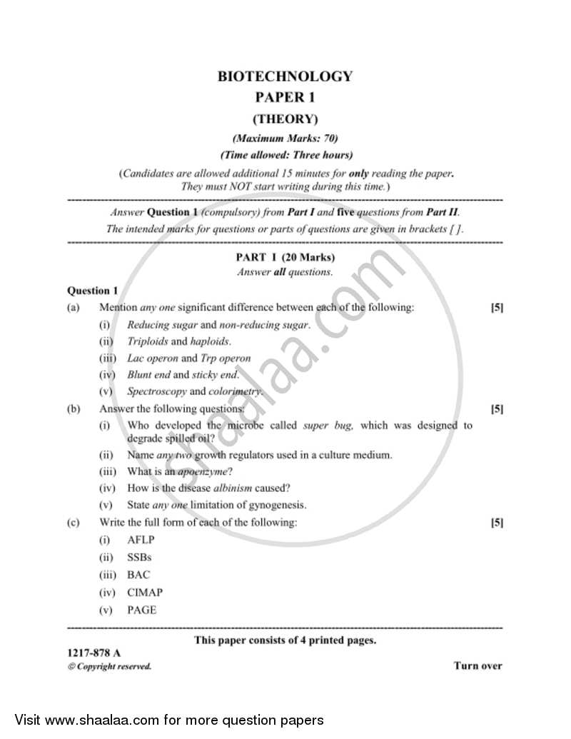 Biotechnology (Theory) 2016-2017 - I.S.C. - Class 12 - CISCE (Council for the Indian School Certificate Examinations) question paper with PDF download