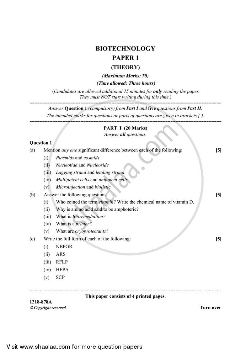 Biotechnology (Theory) 2017-2018 - I.S.C. - Class 12 - CISCE (Council for the Indian School Certificate Examinations) question paper with PDF download