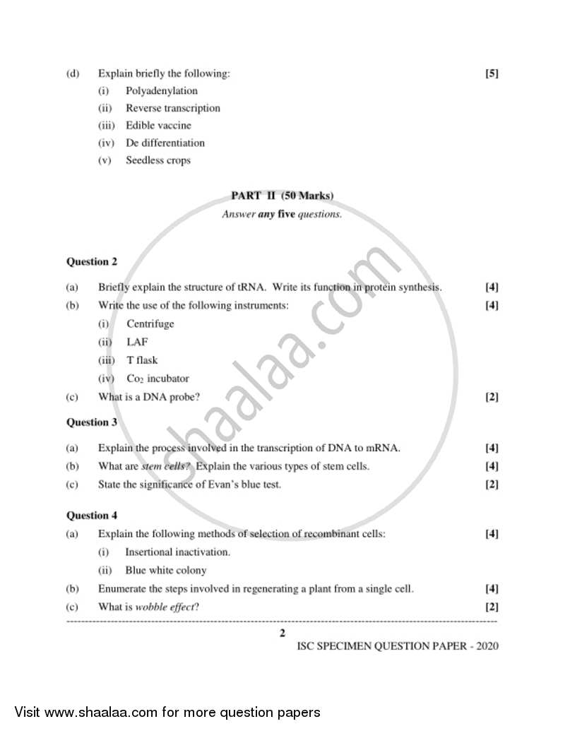 Biotechnology (Theory) 2019-2020 - I.S.C. - Class 12 - CISCE (Council for the Indian School Certificate Examinations) question paper with PDF download