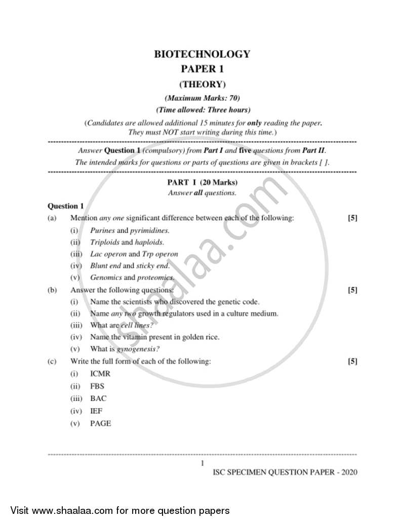 Biotechnology (Theory) 2019-2020 - I.S.C. - Class 12 - CISCE (Council for the Indian School Certificate Examinations) question paper with PDF download