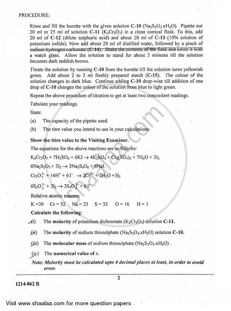 Chemistry (Practical) 2013-2014 - I.S.C. - Class 12 - CISCE (Council for the Indian School Certificate Examinations) question paper with PDF download