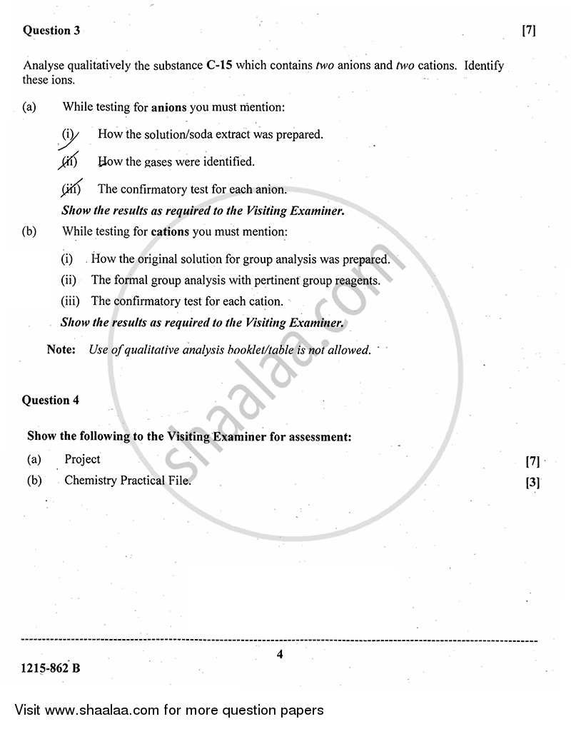 Chemistry (Practical) 2014-2015 - I.S.C. - Class 12 - CISCE (Council for the Indian School Certificate Examinations) question paper with PDF download