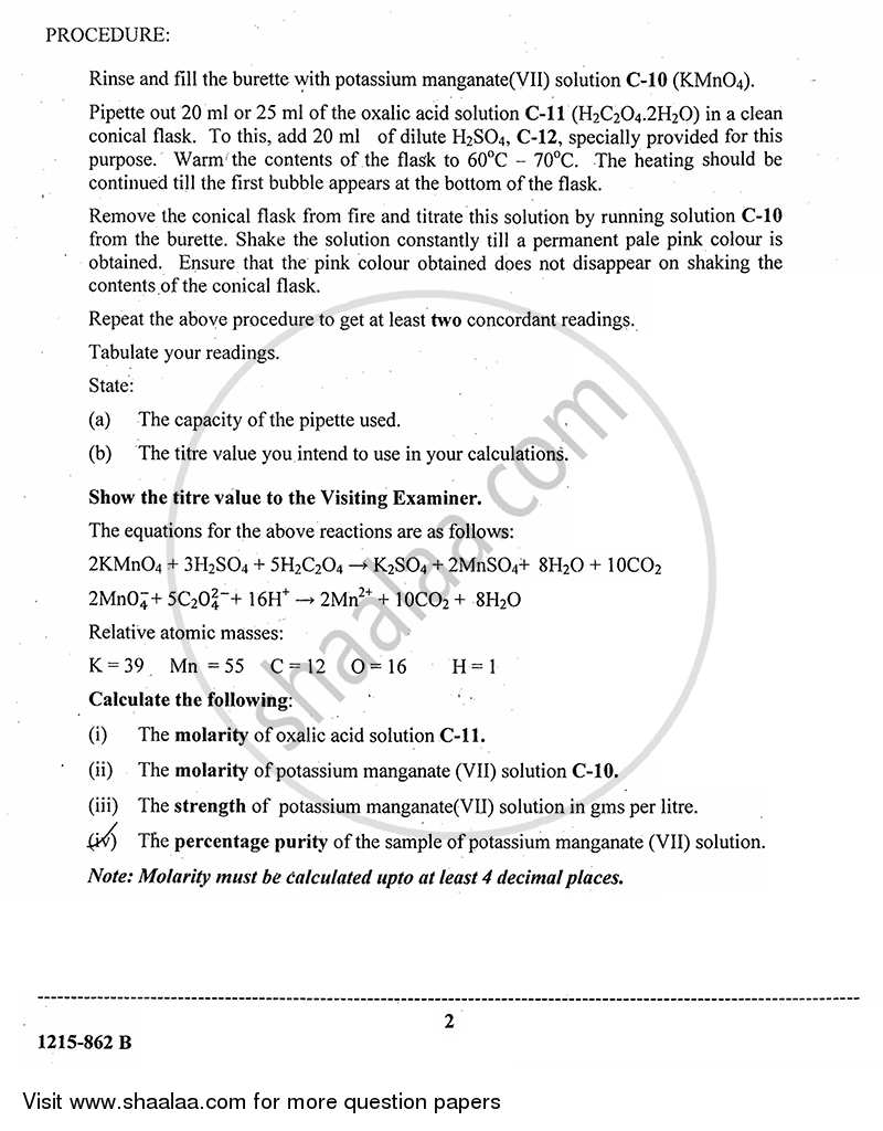 Chemistry (Practical) 2014-2015 - I.S.C. - Class 12 - CISCE (Council for the Indian School Certificate Examinations) question paper with PDF download