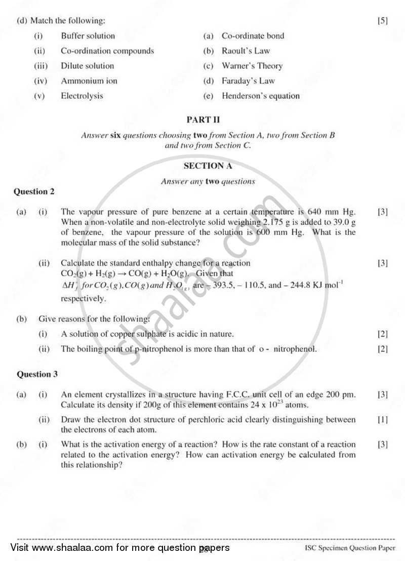 Chemistry (Theory) 2010-2011 - I.S.C. - Class 12 - CISCE (Council for the Indian School Certificate Examinations) question paper with PDF download