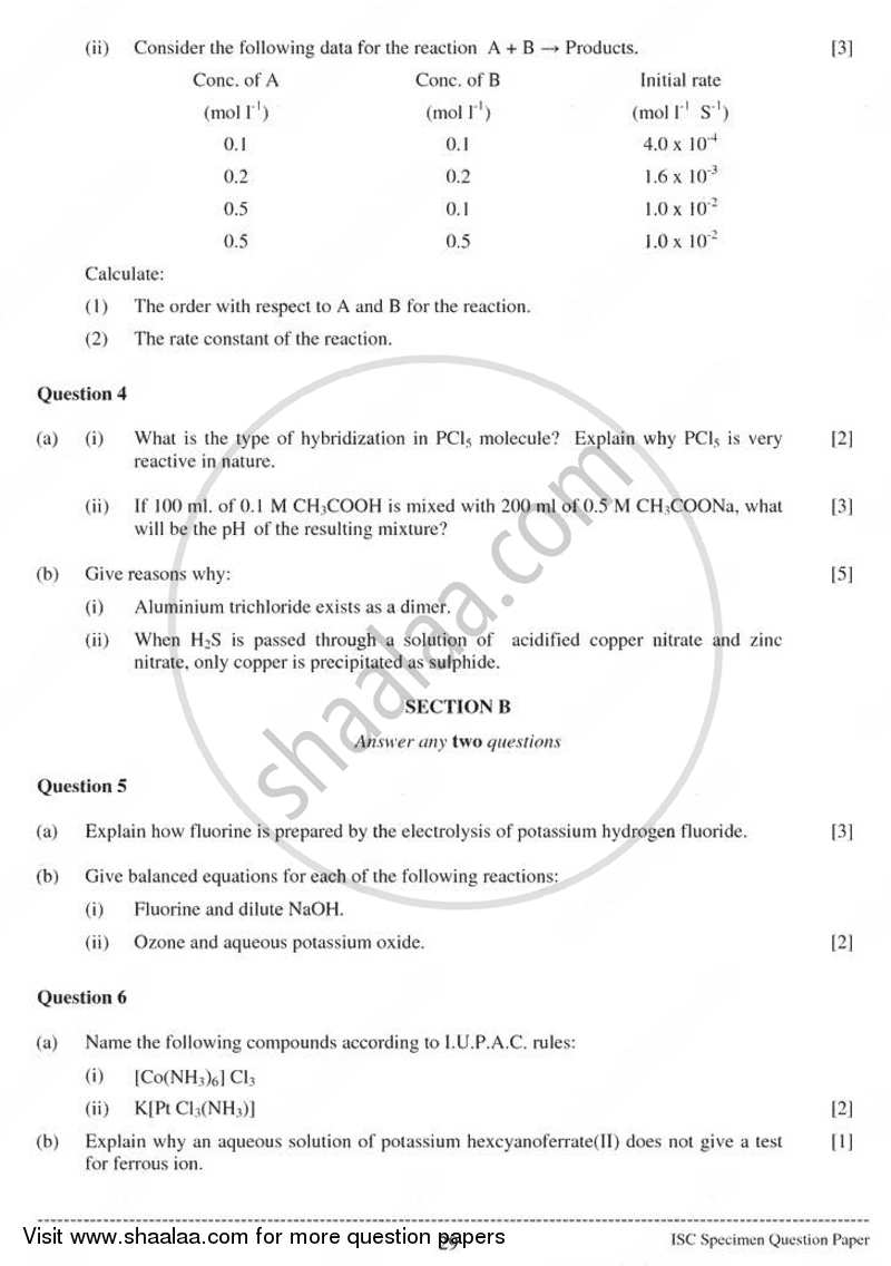Chemistry (Theory) 2010-2011 - I.S.C. - Class 12 - CISCE (Council for the Indian School Certificate Examinations) question paper with PDF download