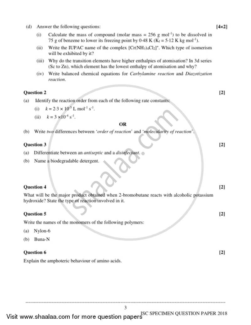Chemistry (Theory) 2017-2018 - I.S.C. - Class 12 - CISCE (Council for the Indian School Certificate Examinations) question paper with PDF download