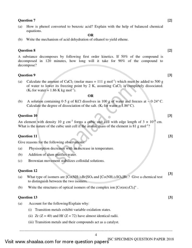 Chemistry (Theory) 2017-2018 - I.S.C. - Class 12 - CISCE (Council for the Indian School Certificate Examinations) question paper with PDF download