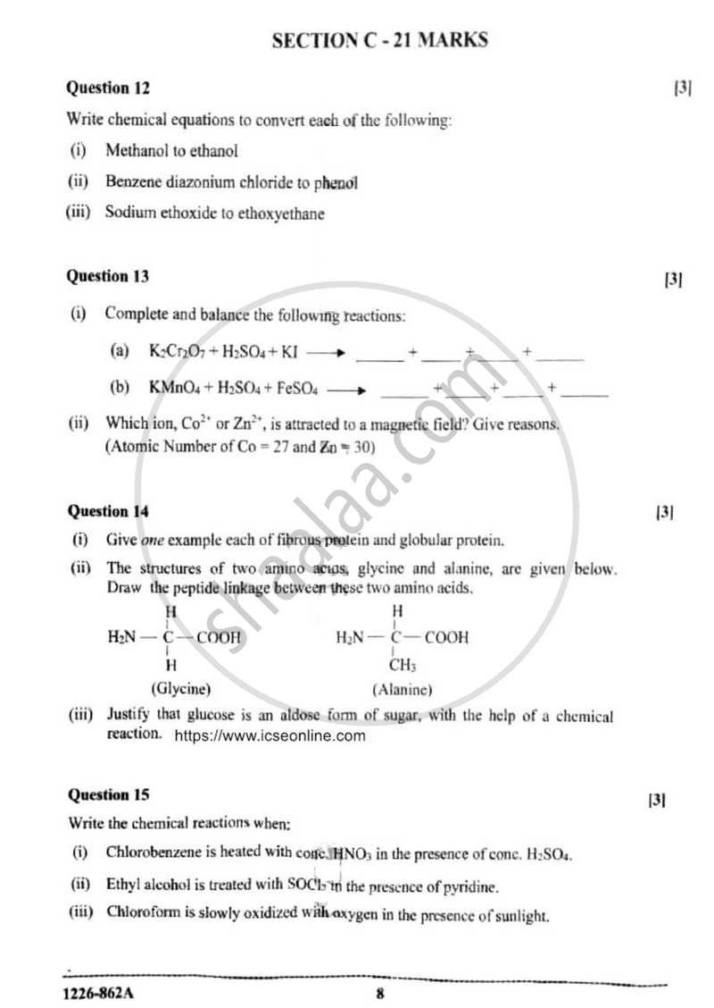 Chemistry (Theory) 2025-2026 - I.S.C. - ISC Class 12 - CISCE (Council for the Indian School Certificate Examinations) question paper with PDF download