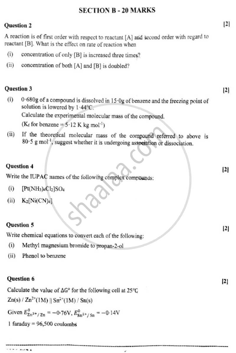 Chemistry (Theory) 2025-2026 - I.S.C. - ISC Class 12 - CISCE (Council for the Indian School Certificate Examinations) question paper with PDF download